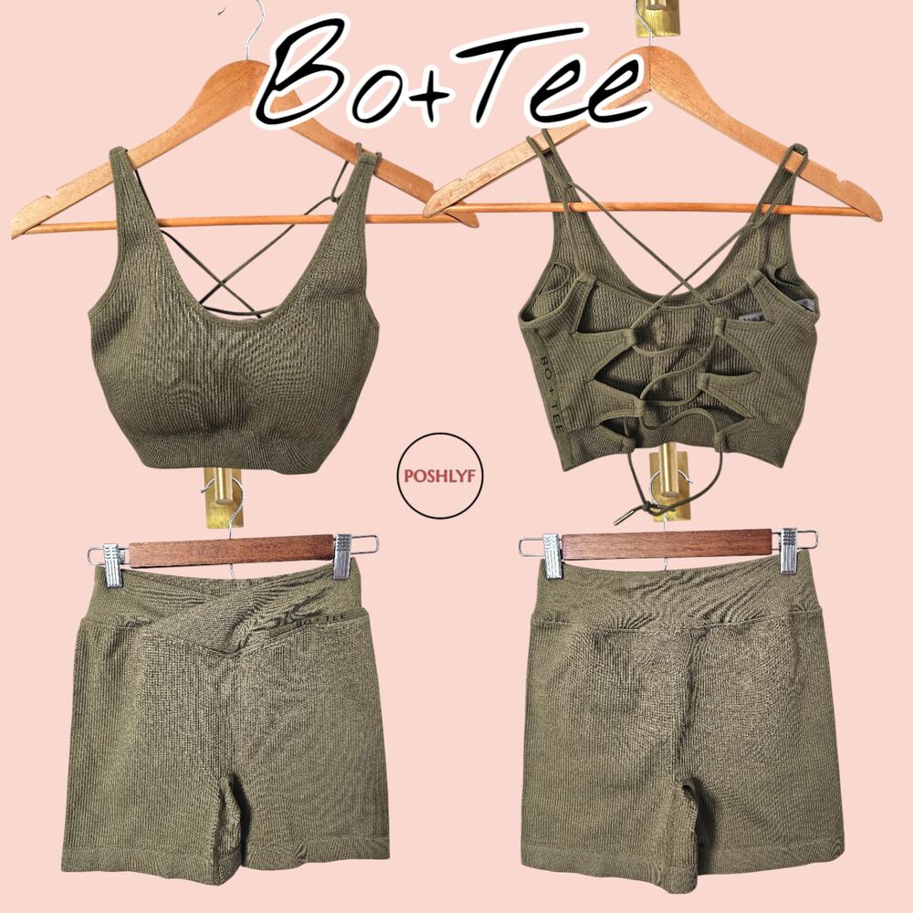 Bo+Tee Open Back Plunge Sports Bra and Shorts Set Green S/M